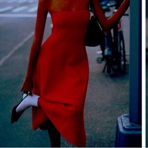 Anthropologie red Strapless belted open back A-line Midi Sweater Dress sz S